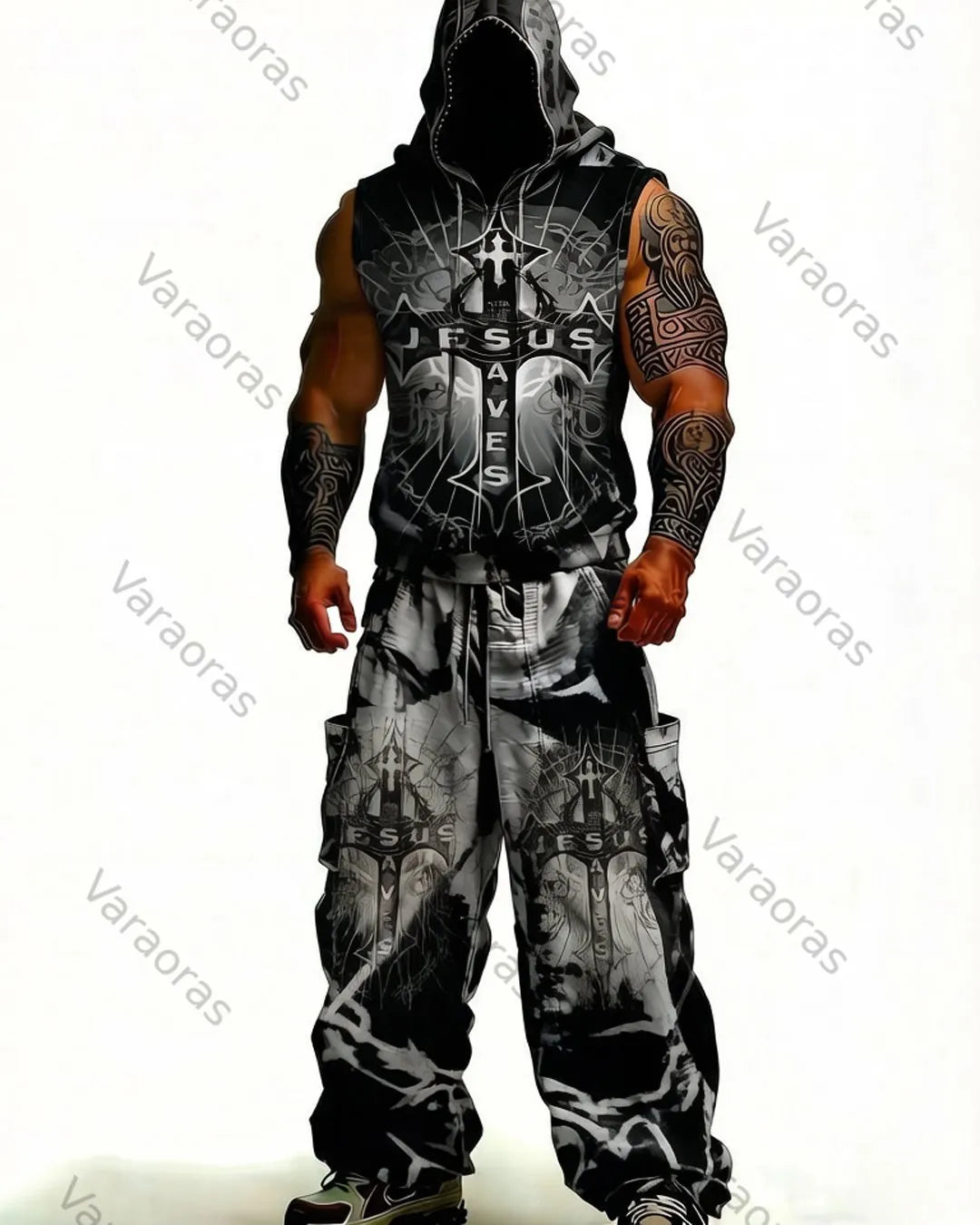 Men's Fashion Cross Embroidered Hooded Sleeveless Top and Pants Two-Piece Set1371