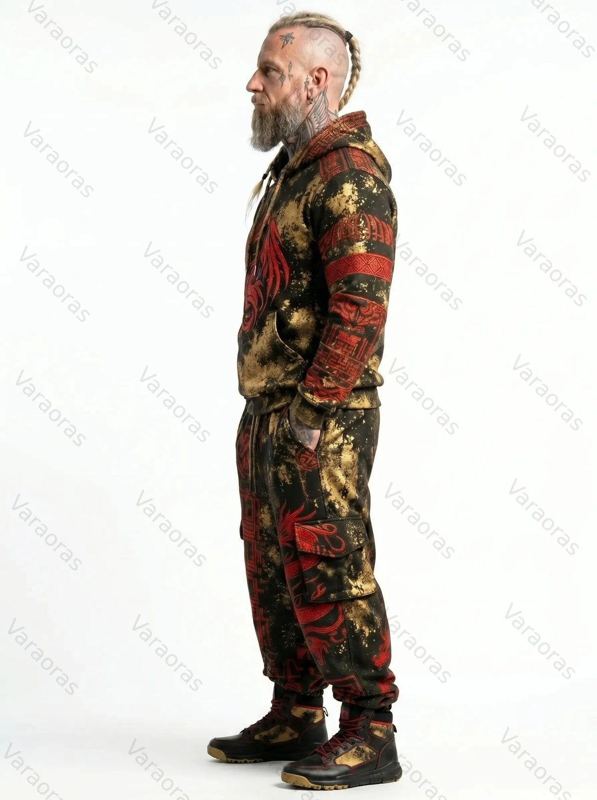 Men's Fashion Contrast Colo Red Dragonr Embroidered Hoodie & Pants Two-Piece Set 8873