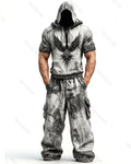 Men's Fashion Viking Contrast Color Embroidered Hoodie & Pants Two-Piece Set 7069