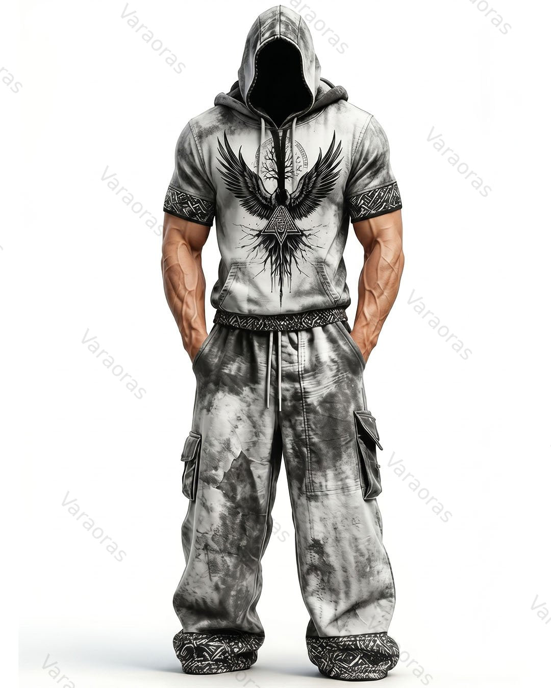 Men's Fashion Viking Contrast Color Embroidered Hoodie & Pants Two-Piece Set 7069