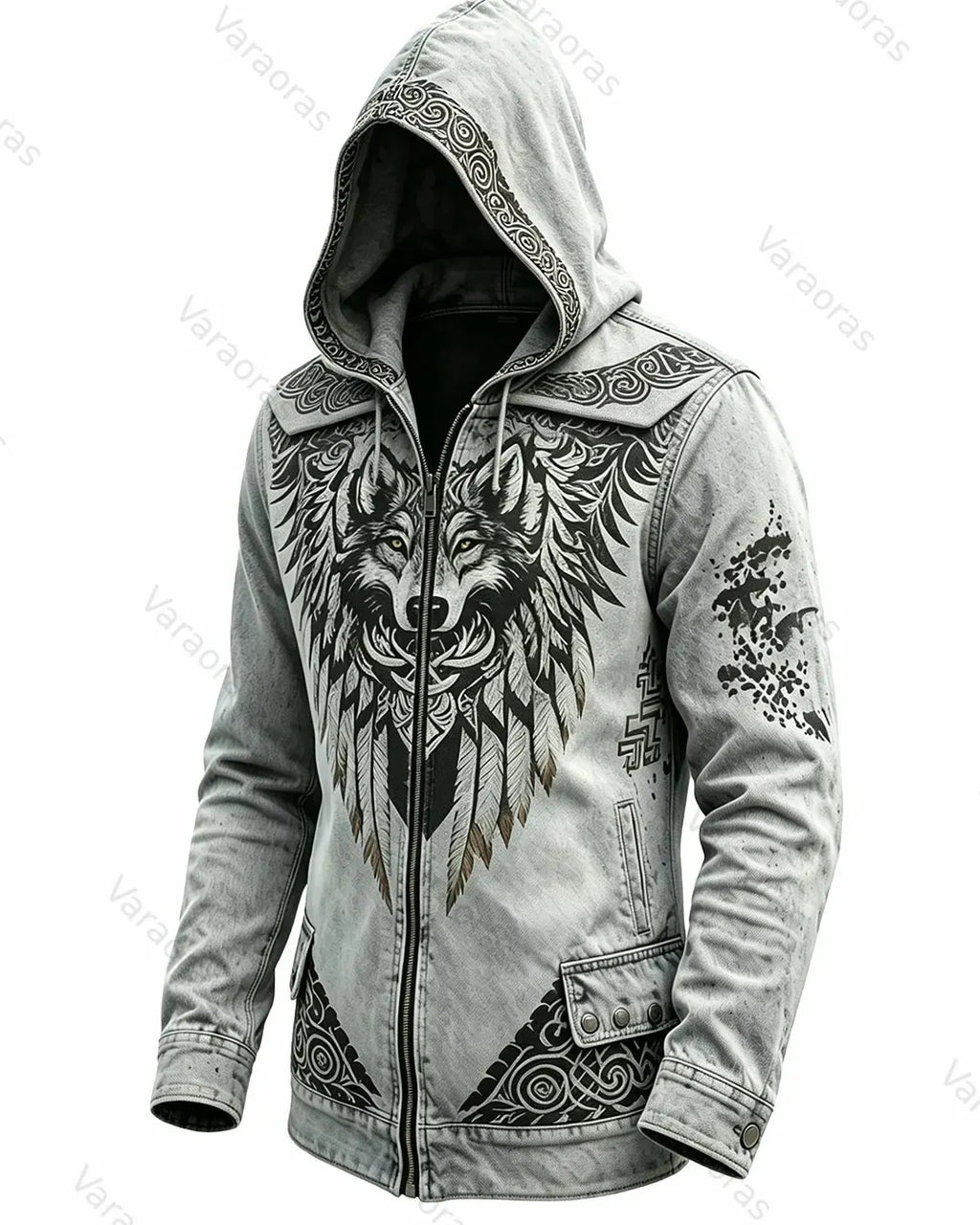 Men's Retro Fashion Viking Wolf Print Cotton Linen Hooded Zip-Up Jacket  1956