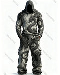 Men's Fashion Viking Contrast Color Dragon Embroidered Hoodie & Pants Two-Piece Set 3532