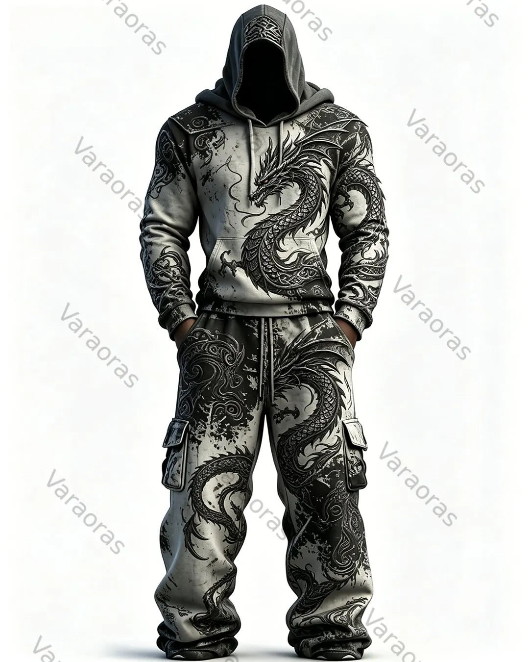 Men's Fashion Viking Contrast Color Dragon Embroidered Hoodie & Pants Two-Piece Set 3532