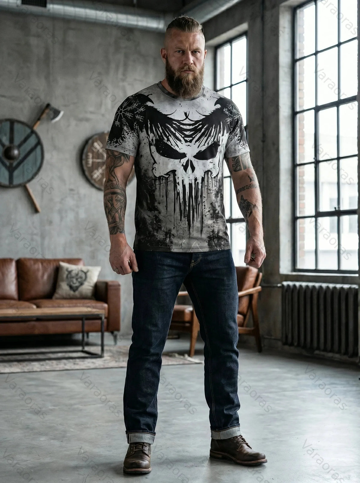 Men's Fashionable Viking Contrast Color Skull and Raven Print T-shirt 4239
