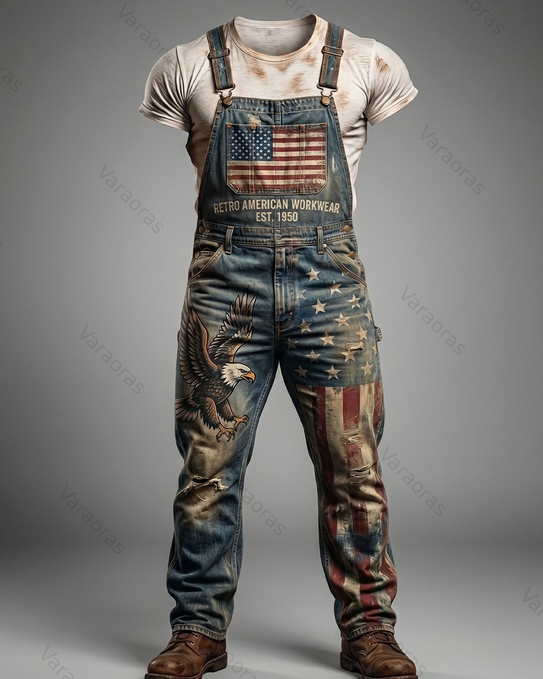 Men's Summer Outdoor Casual Independence Day 3D Embroidered Denim Jumpsuit Overalls 6988
