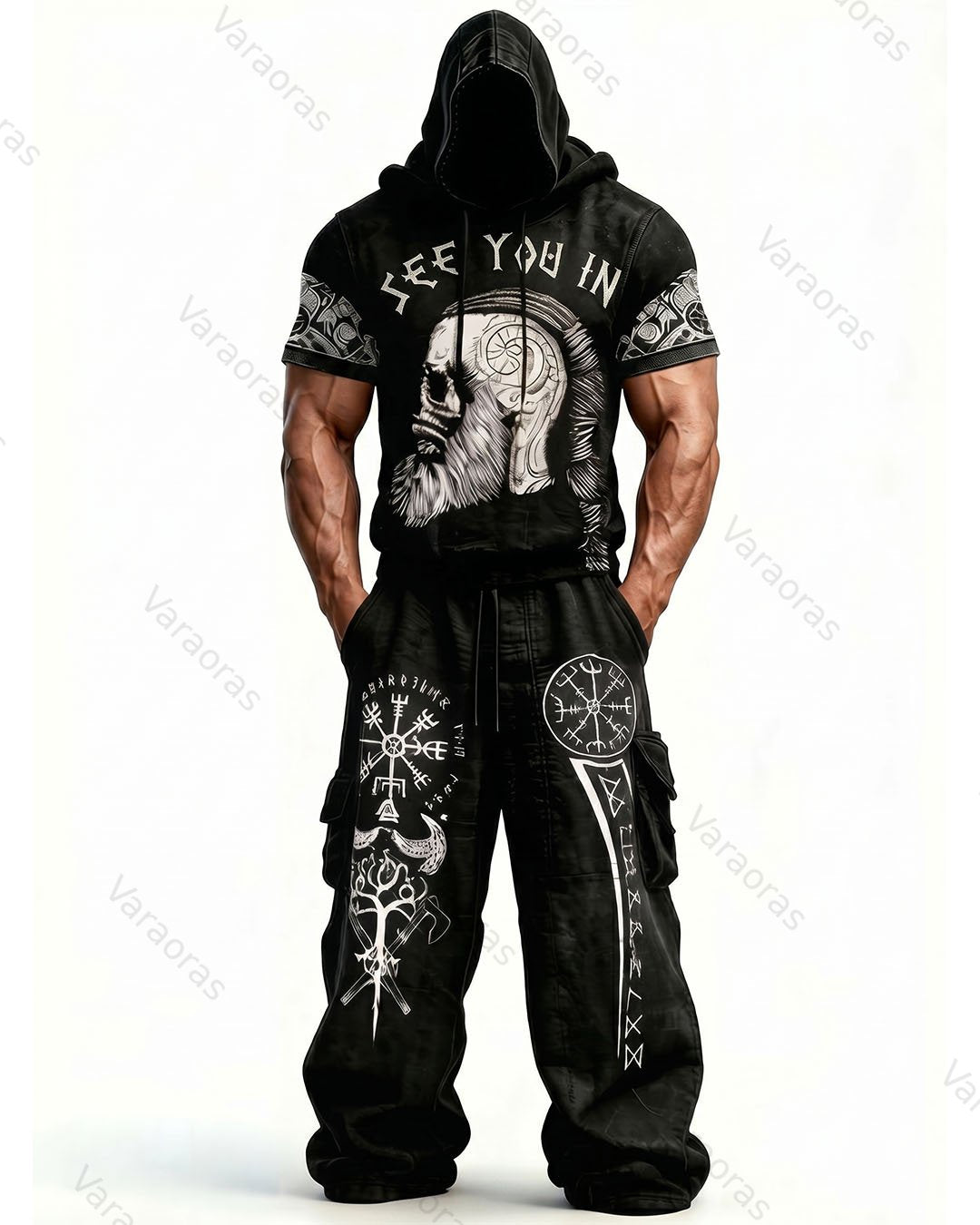 Men's Fashion Viking Contrast Color Embroidered Hoodie & Pants Two-Piece Set 3651
