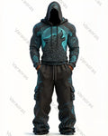 Men's Fashion Viking Contrast Color Embroidered Hoodie & Pants Two-Piece Set 3344