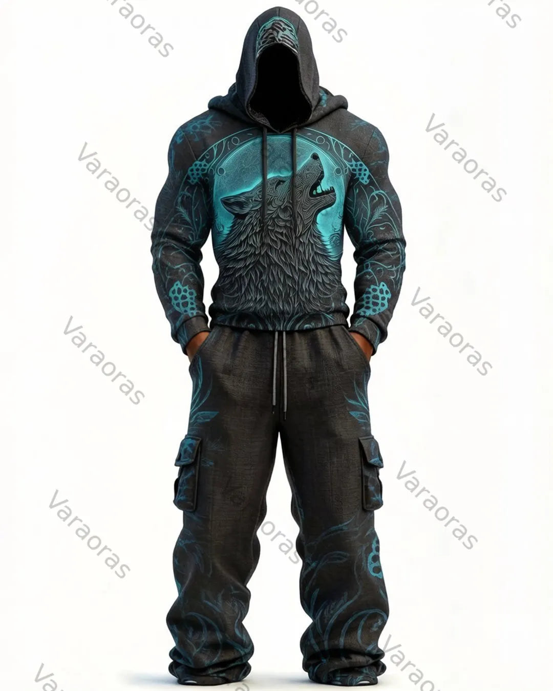 Men's Fashion Viking Contrast Color Embroidered Hoodie & Pants Two-Piece Set 3344