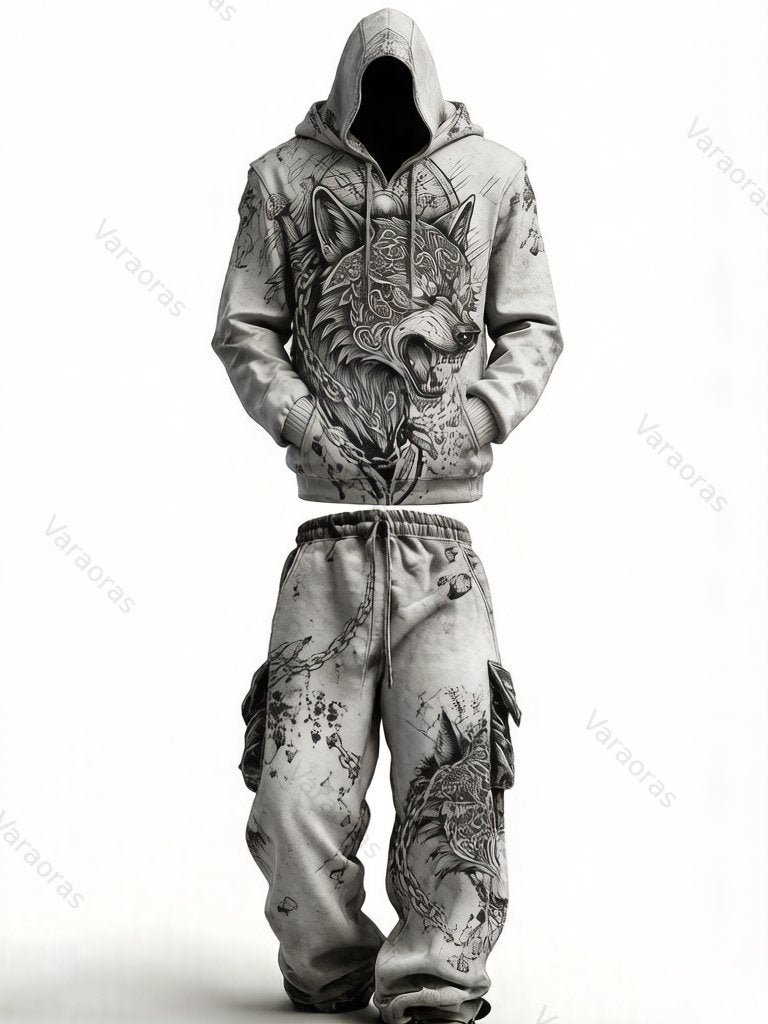 Men's Fashion Viking Wolf Embroidered Hoodie & Pants Two-Piece Set 3978