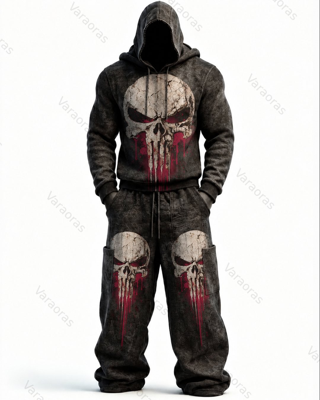 Men's Fashion Skull Contrast Color Embroidered Hoodie & Pants Two-Piece Set 6106