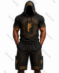 Men's Fashion Viking Rune Print Top & Shorts Two-Piece Set 7353