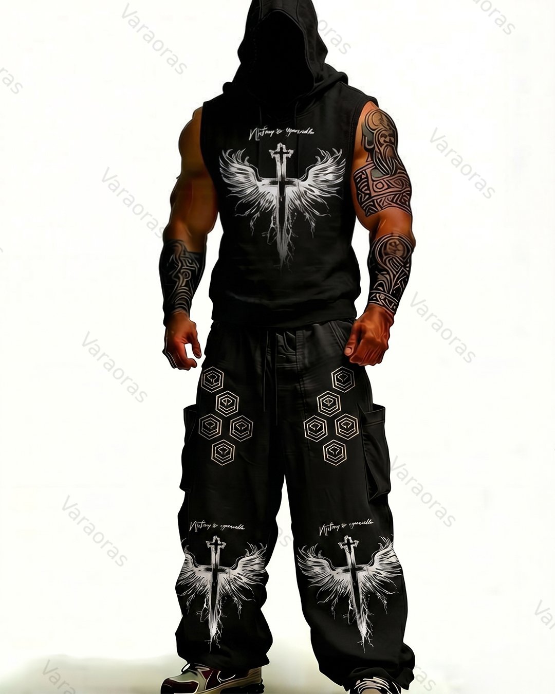 Men's Fashion Cross Embroidered Hooded Sleeveless Top and Pants Two-Piece Set3403