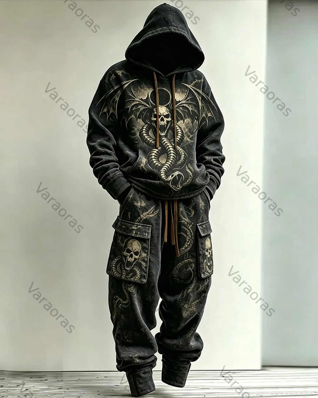 Men's Fashion Contrast Color Skull Embroidered Hoodie & Pants Two-Piece Set 8170