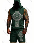 Men's Summer Fashion Viking Embroidered Short-Sleeve Hooded Top and Pants Two-Piece Set 2804