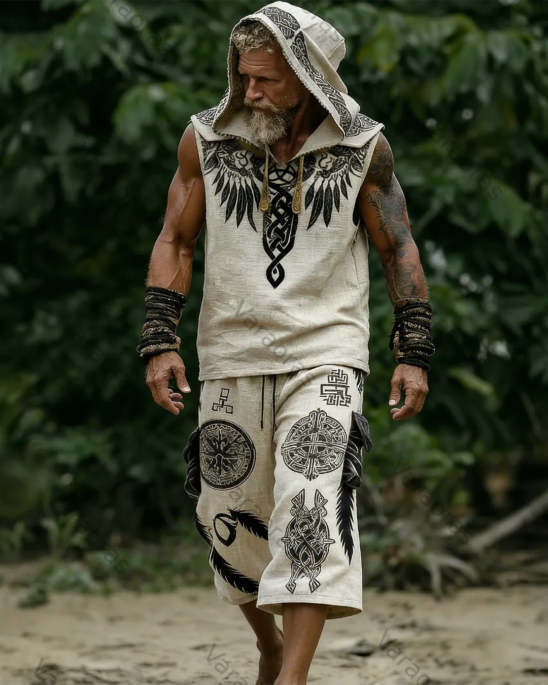 Men's Viking Color-Block Linen Sleeveless Hooded Top and Pants Two-Piece Set 3313