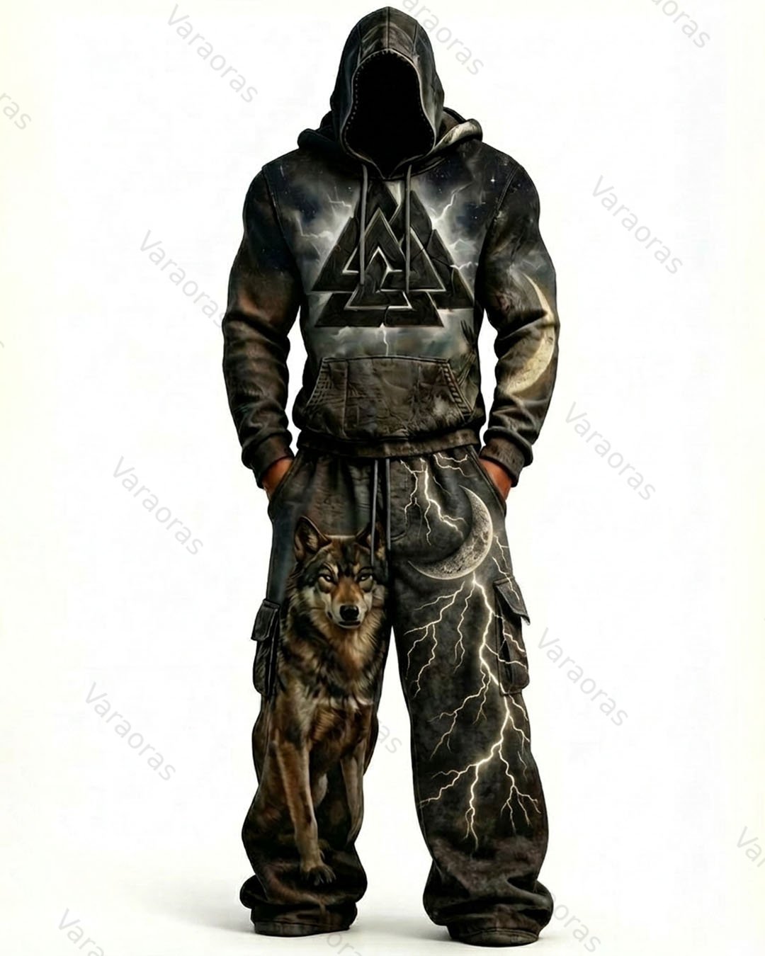 Men's Fashion Viking Contrast Color Embroidered Hoodie & Pants Two-Piece Set 1479