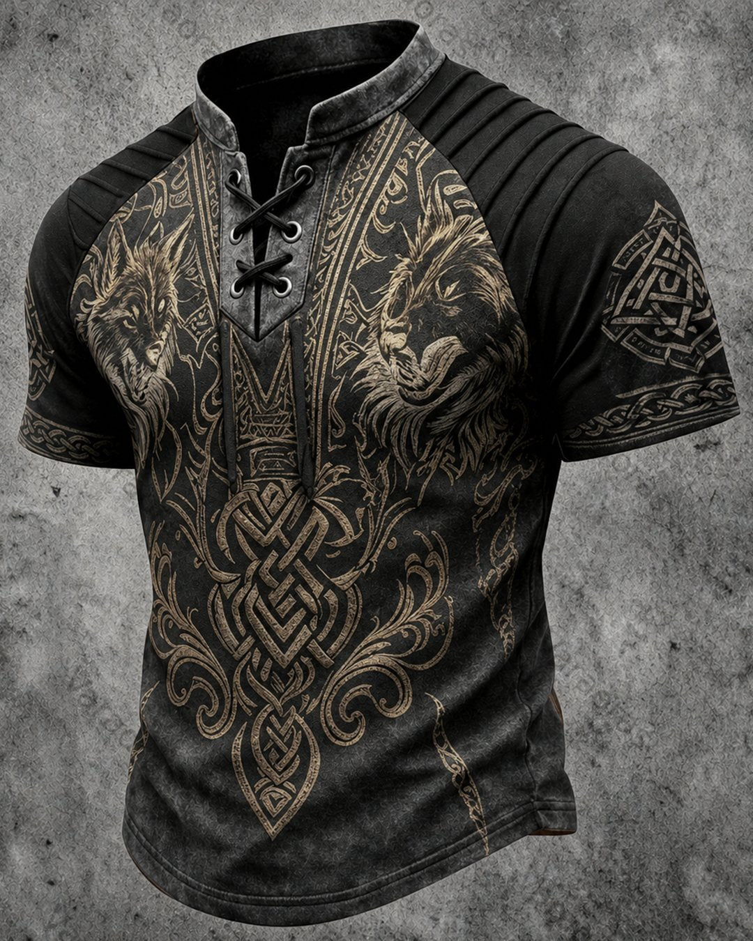 Men's Viking Knot Wolf Print Short-Sleeve Henley T-Shirt 6826
