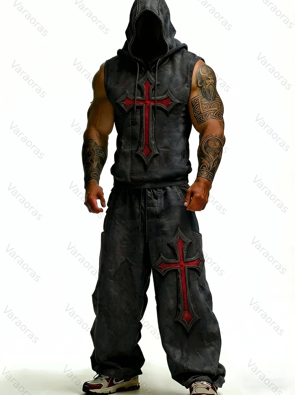 Men's Nordic Viking style cross-decorated top and trousers two-piece set 9682