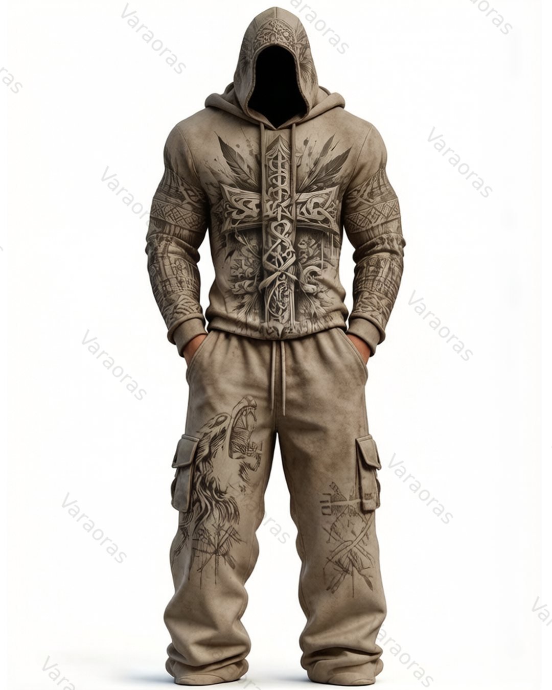 Men's Fashion Contrast Color Cross Embroidered Hoodie & Pants Two-Piece Set 8172