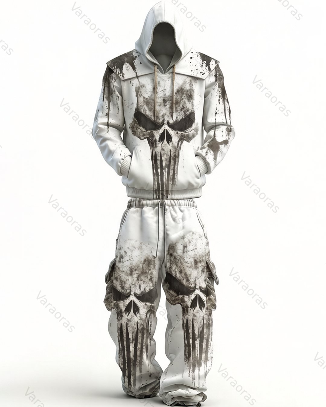 Men's Fashion Skull Contrast Color Embroidered Hoodie & Pants Two-Piece Set 2404