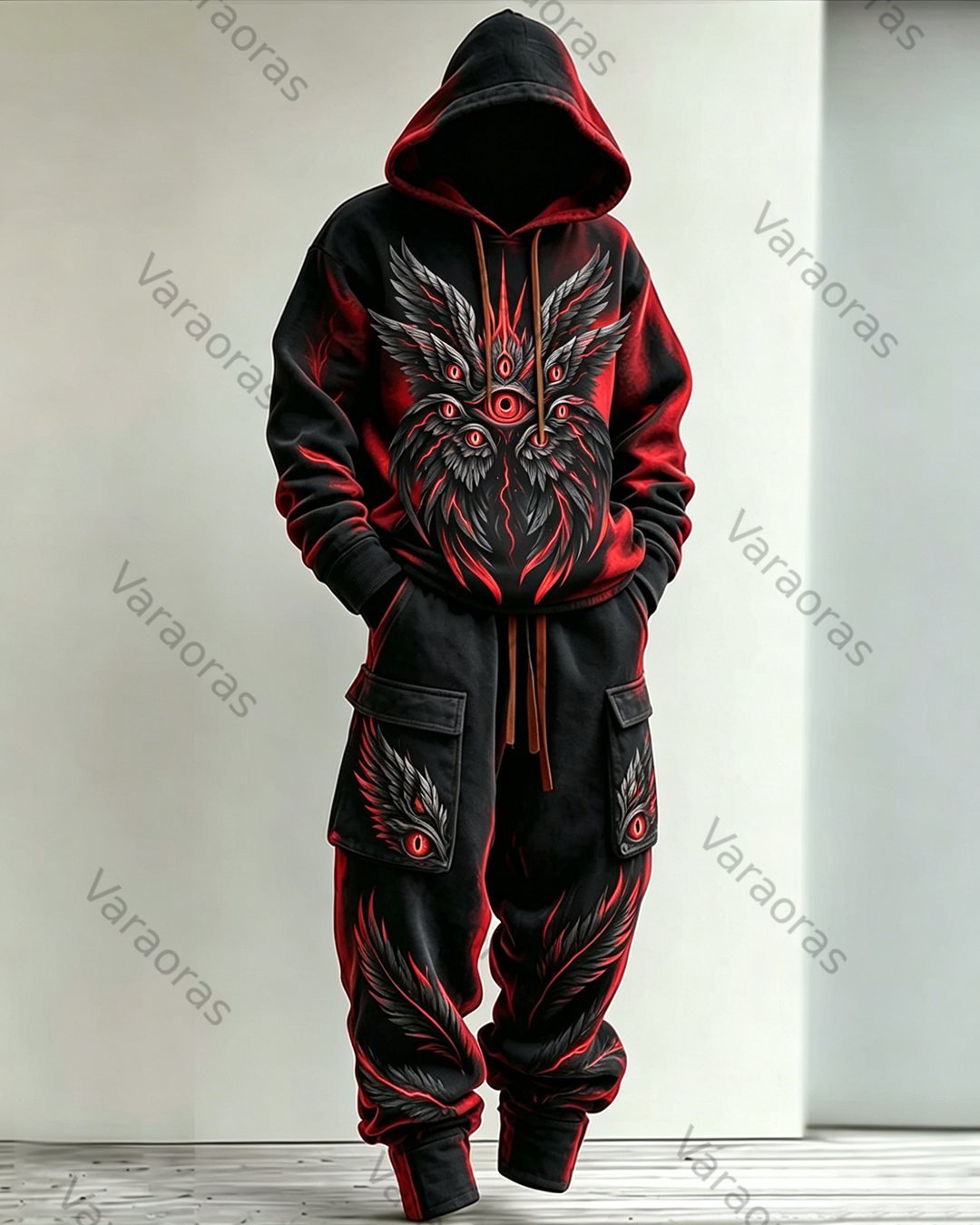 Men's Fashion Viking Contrast Color Embroidered Hoodie & Pants Two-Piece Set 6423