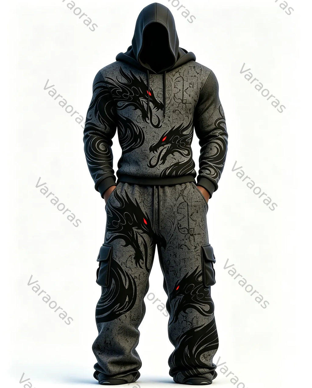 Men's Fashion Ombre Double Dragon Embroidered Hoodie & Pants Two-Piece Set 5209