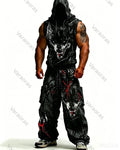 Men's Fashion Wolf Embroidery Hooded Sleeveless Top and Pants Two-Piece Set 4452