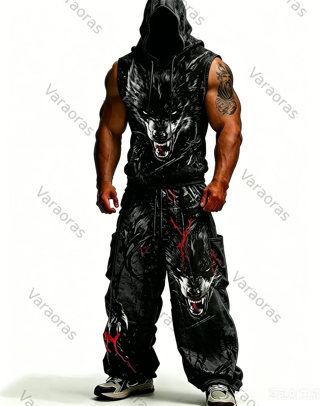 Men's Fashion Wolf Embroidery Hooded Sleeveless Top and Pants Two-Piece Set 4452