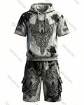 Men's Viking Contrast Color Wolf Embroidered Short-Sleeve Hoodie & Shorts Two-Piece Set 9539