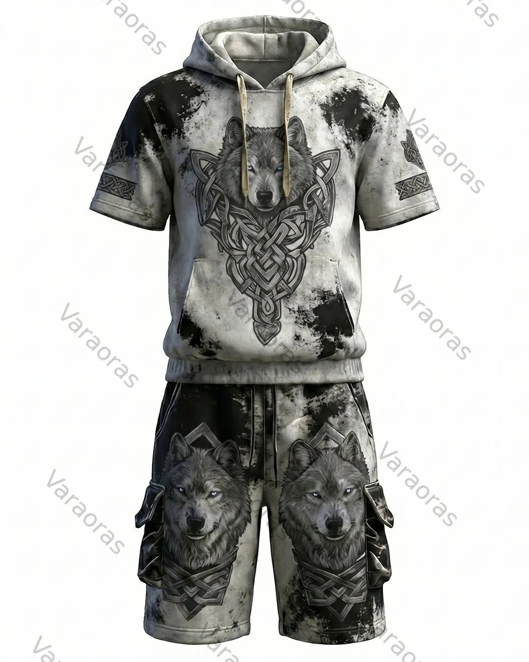 Men's Viking Contrast Color Wolf Embroidered Short-Sleeve Hoodie & Shorts Two-Piece Set 9539