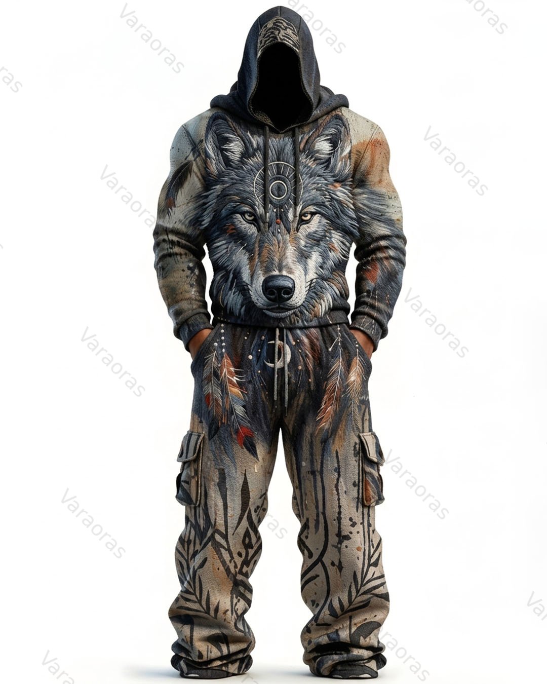 Men's Fashion Viking Contrast Color Embroidered Hoodie & Pants Two-Piece Set 6497