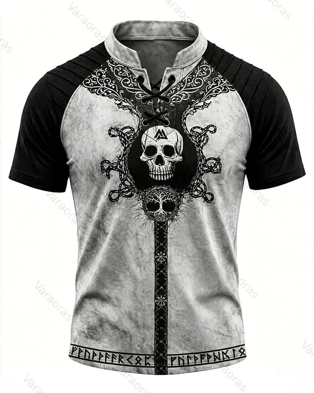 Men's Viking Skull Print Short-Sleeve Henley T-Shirt 9484