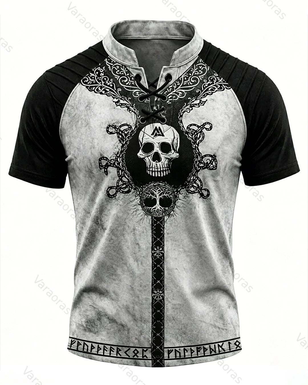 Men's Viking Skull Print Short-Sleeve Henley T-Shirt 9484