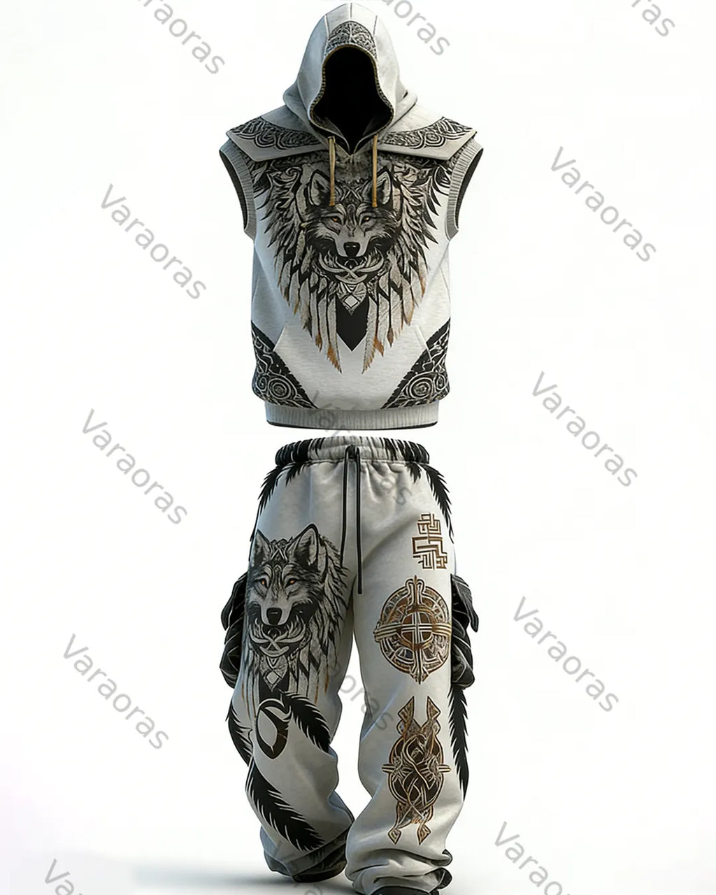 Men's Viking Color-Block Embroidered Linen Sleeveless Hooded Top and Pants Two-Piece Set 9121