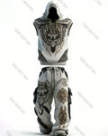Men's Viking Color-Block Embroidered Linen Sleeveless Hooded Top and Pants Two-Piece Set 9121