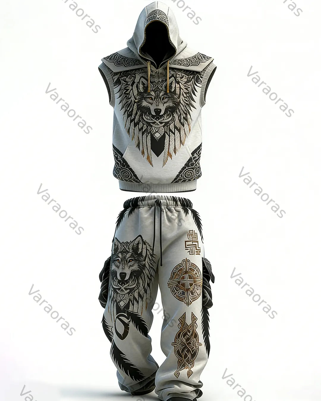 Men's Viking Color-Block Embroidered Linen Sleeveless Hooded Top and Pants Two-Piece Set 9121