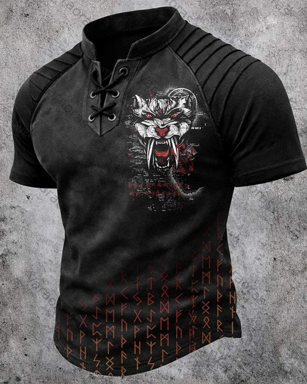 Men's Viking Gothic Short-Sleeve Henley T-Shirt with Wolf and Rune Print 4879