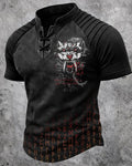 Men's Viking Gothic Short-Sleeve Henley T-Shirt with Wolf and Rune Print 4879