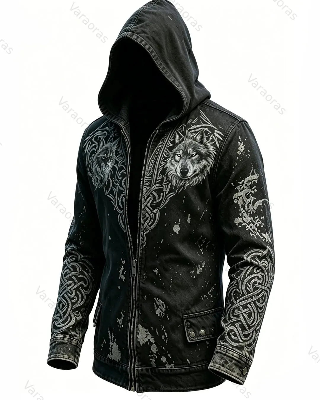Men's Retro Fashion Viking Wolf Print cowboy Hooded Zip-Up Jacket  5724