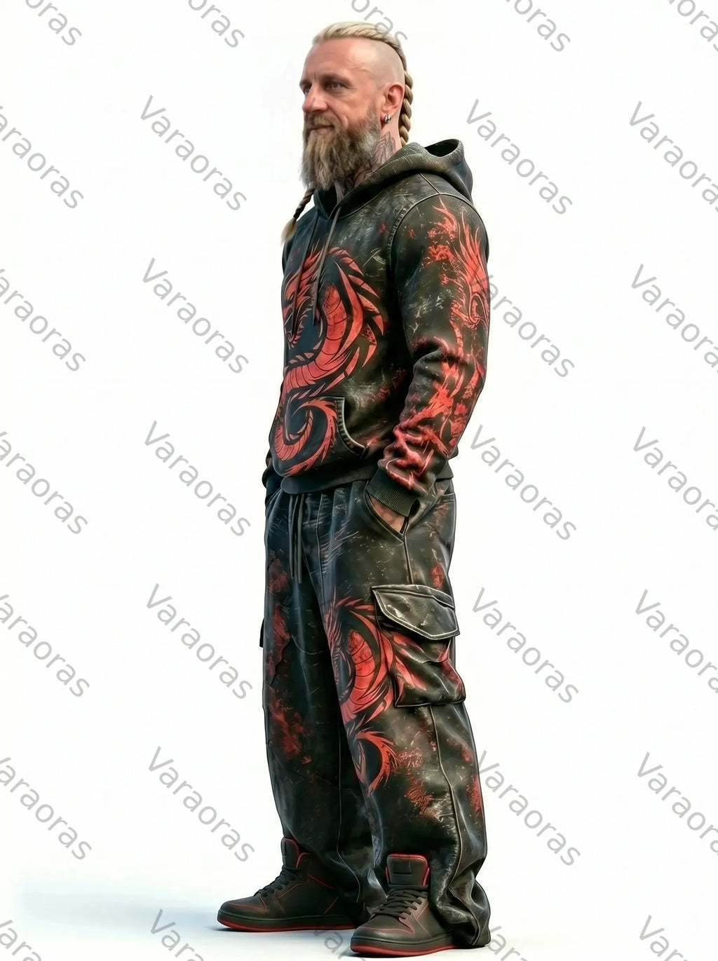 Men's Fashion Contrast Colo Red Dragonr Embroidered Hoodie & Pants Two-Piece Set 7106