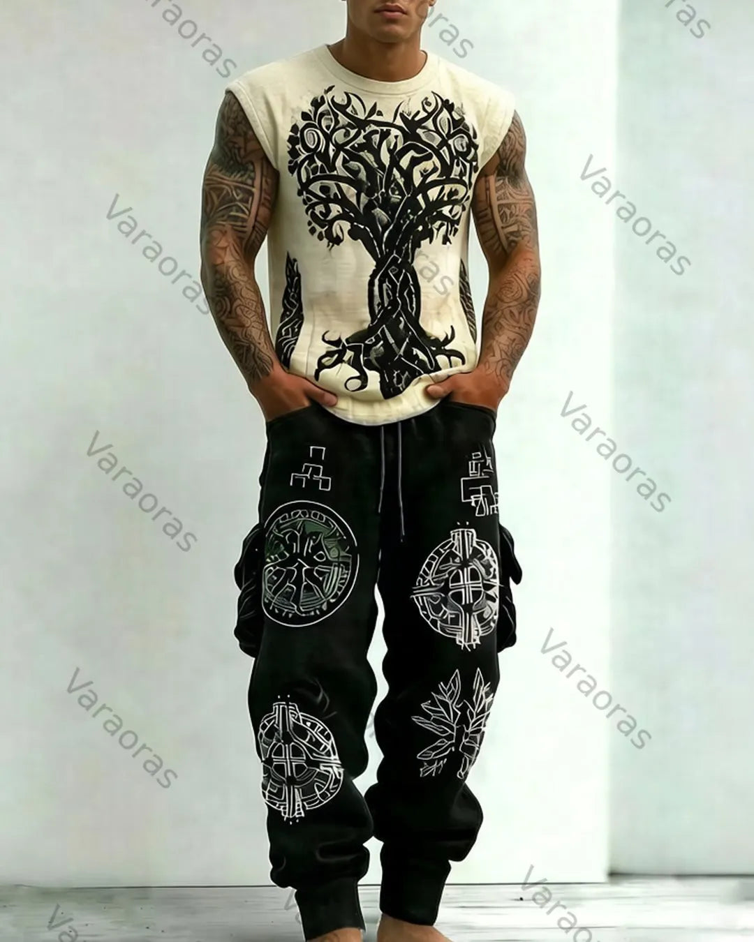 Men's Viking Summer Color-Blocked Sleeveless Long Pants Two-Piece Set 1554