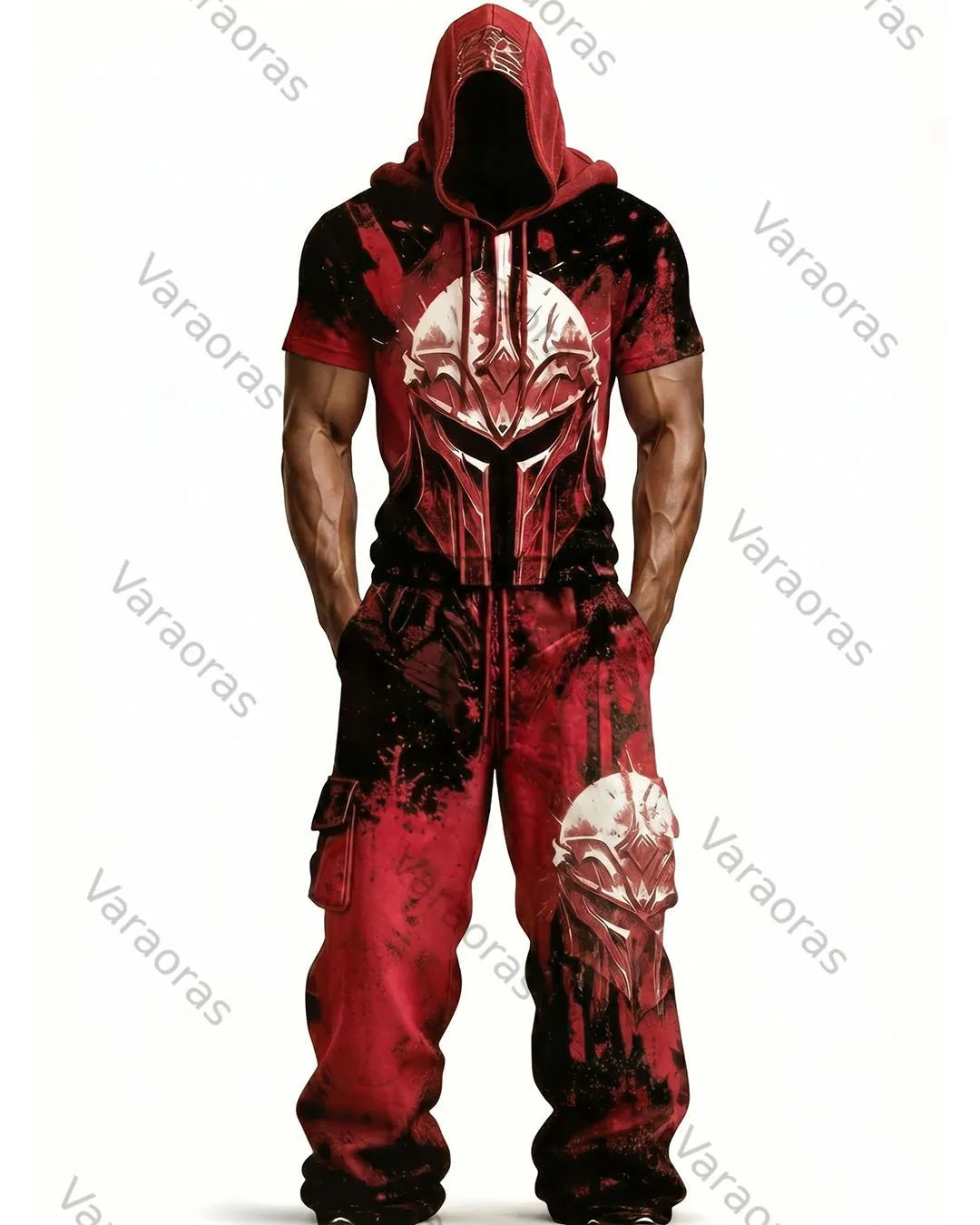 Men's Fashion Viking Contrast Color Embroidered Hoodie & Pants Two-Piece Set 9040