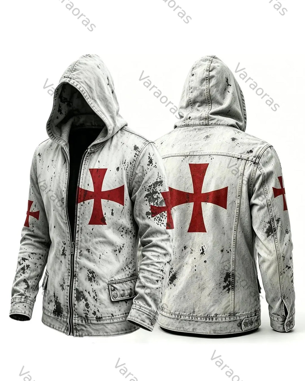 Men's Retro Fashion Red Cross Print Cotton Linen Hooded Zipper Jacket 9630