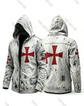 Men's Retro Fashion Red Cross Print Cotton Linen Hooded Zipper Jacket 9630