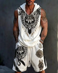 Men's Summer Outdoor Fashion: Viking Wolf Embroidered Sleeveless Hooded Sweatshirt and Shorts Two-Piece Set 3735