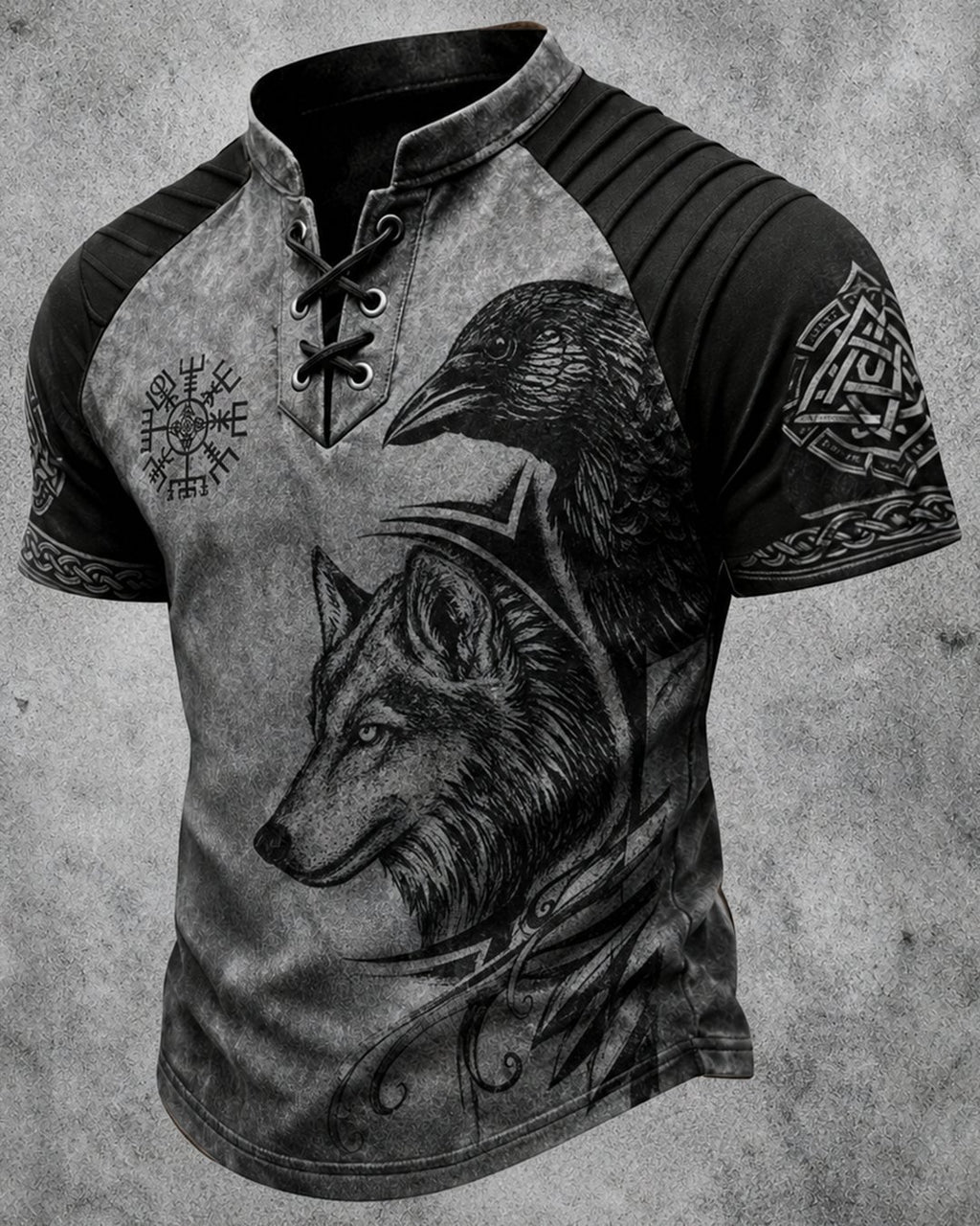 Men's Viking Wolf and Raven Print Short-Sleeve Henley T-Shirt 6456