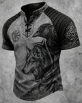 Men's Viking Wolf and Raven Print Short-Sleeve Henley T-Shirt 6456