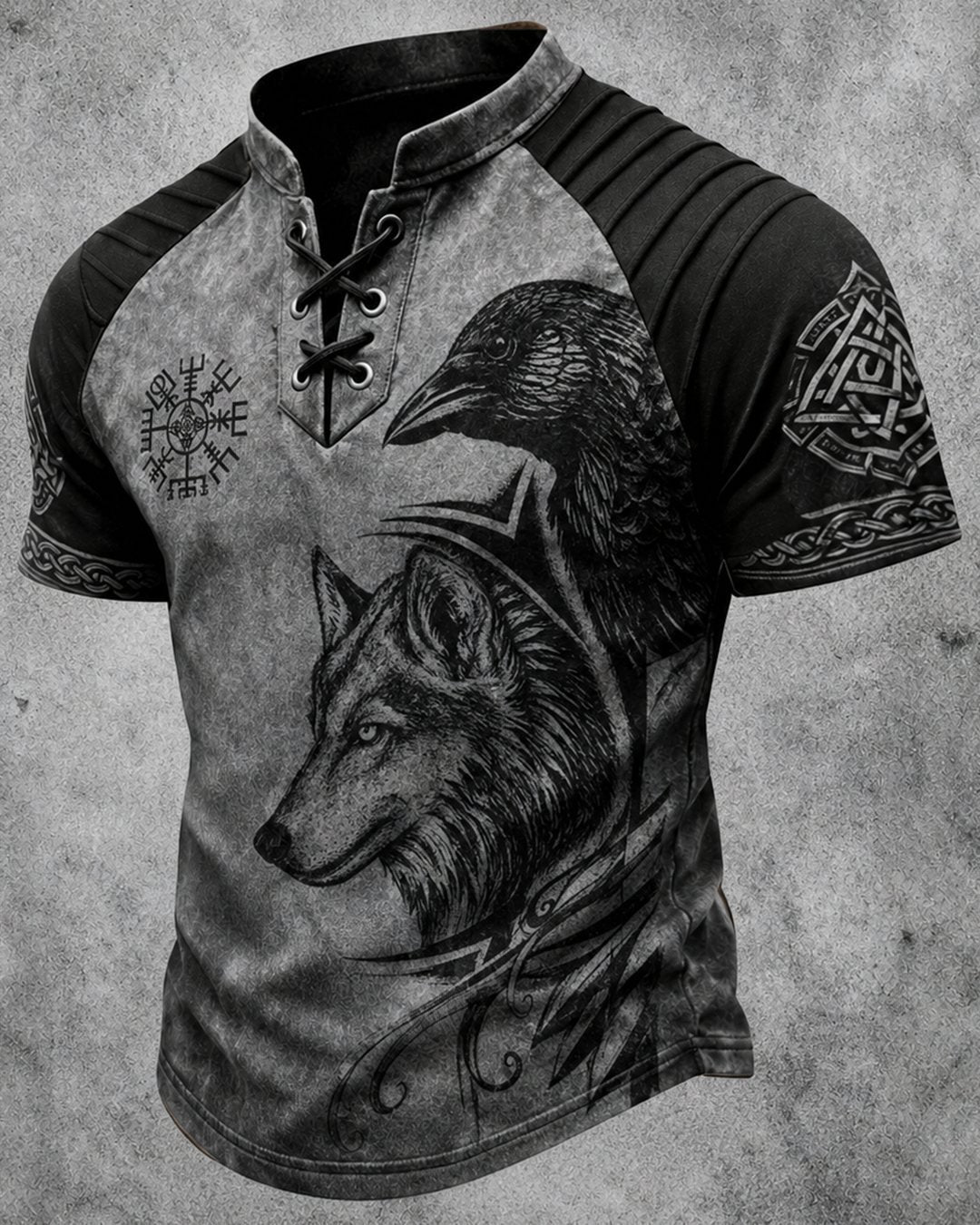 Men's Viking Wolf and Raven Print Short-Sleeve Henley T-Shirt 6456