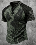 Men's Viking Raven Print Short-Sleeve Henley T-Shirt 2433
