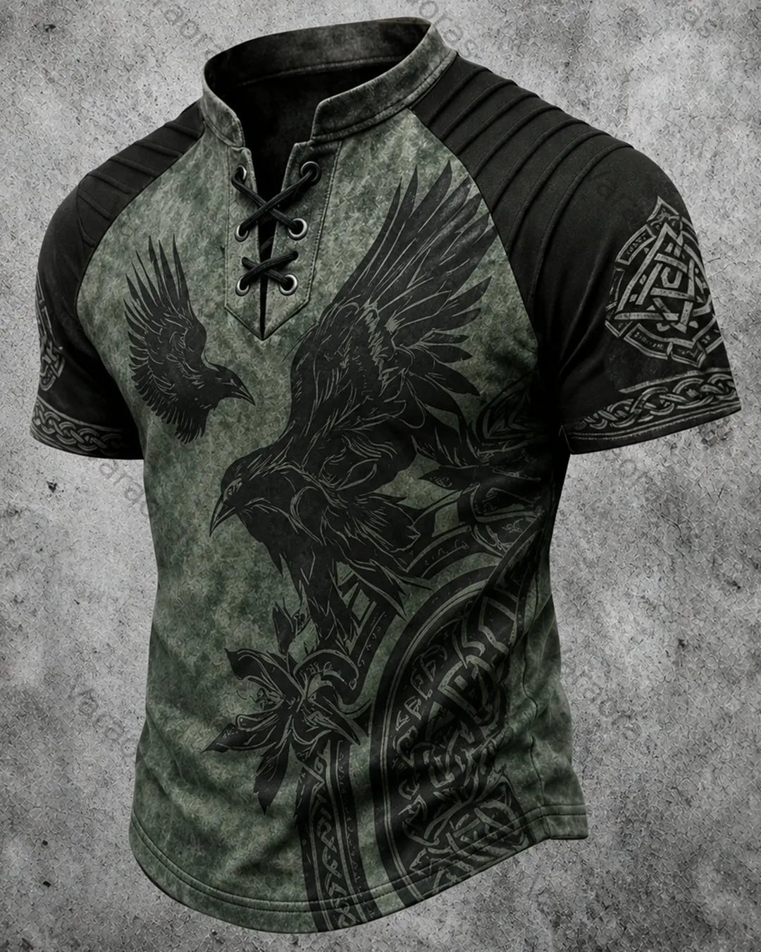 Men's Viking Raven Print Short-Sleeve Henley T-Shirt 2433